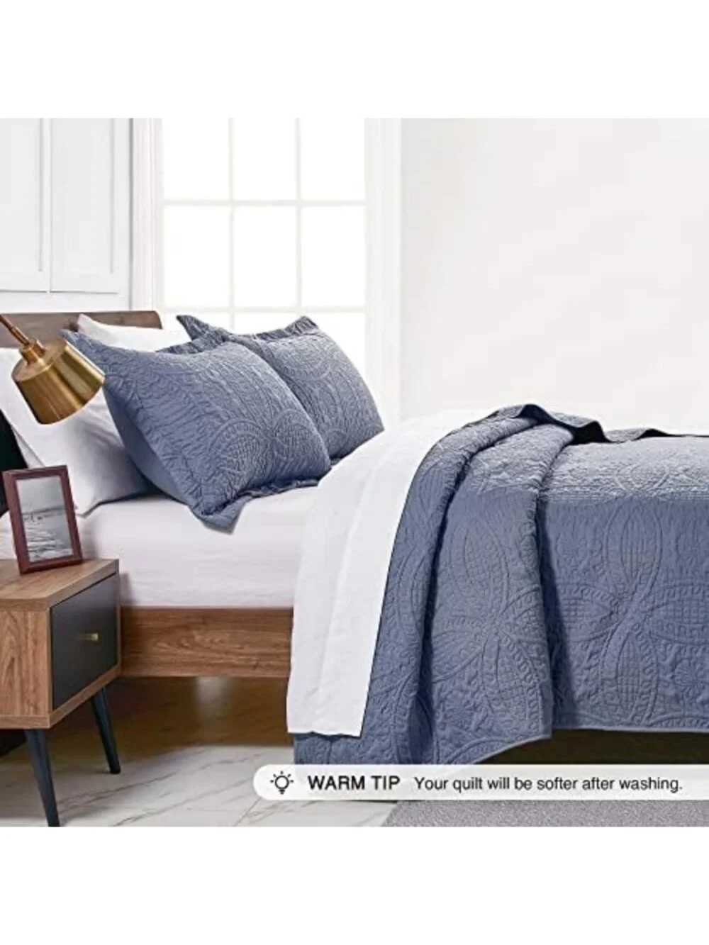 Blue Queen Bedspread Set - Soft Lightweight Summer Quilt & Pillow Shams - Modern